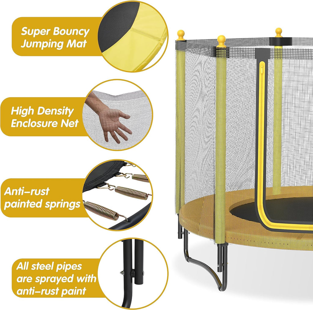 60" Kids Trampoline with Safety Enclosure Net, 5FT Toddler Indoor & Outdoor Trampoline/w Basketball Hoop