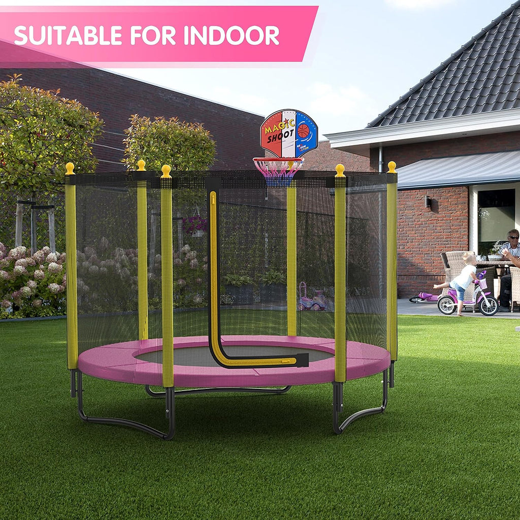 60" Kids Trampoline with Safety Enclosure Net, 5FT Toddler Indoor & Outdoor Trampoline/w Basketball Hoop