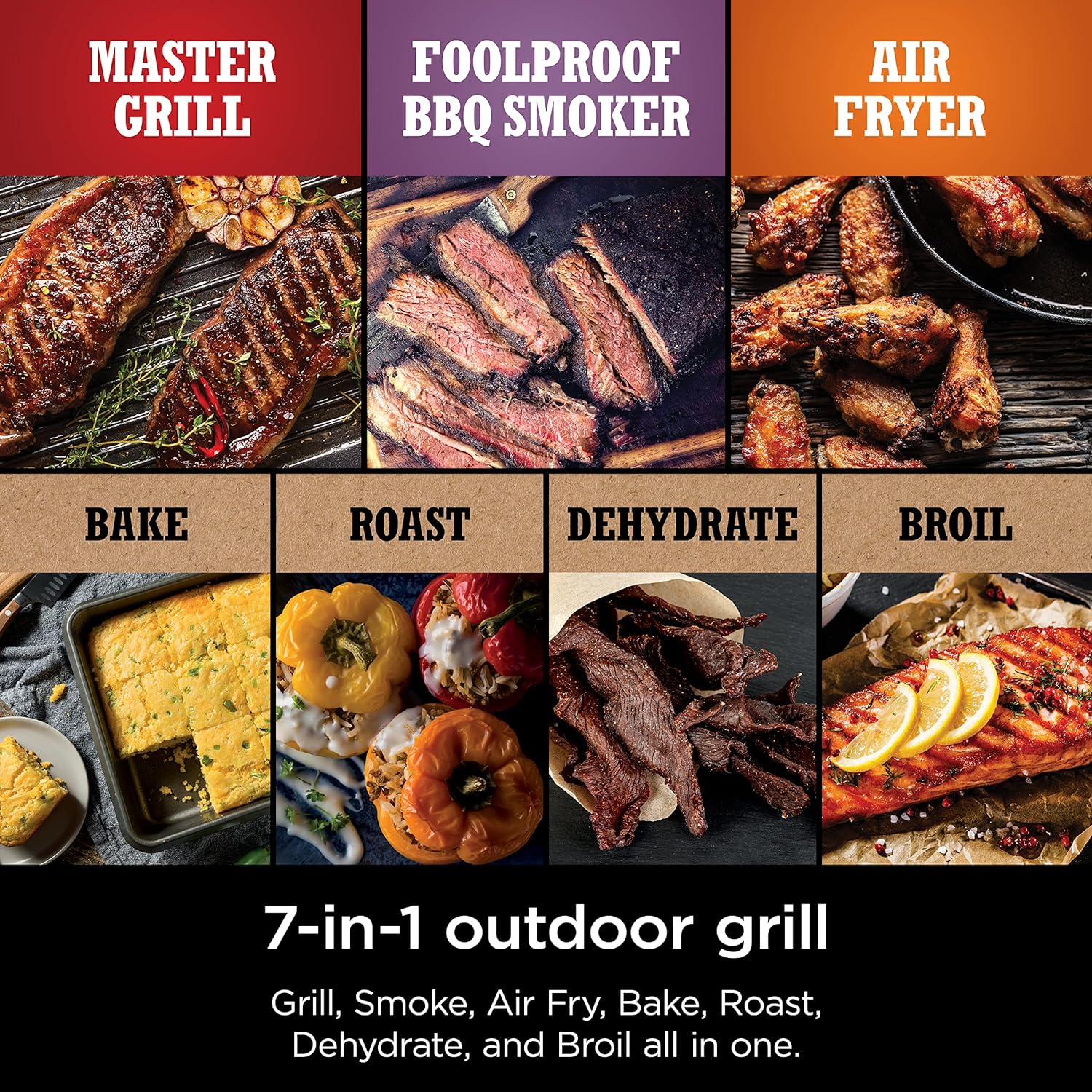 7-in-1 Grill & Smoker with Thermometer, Air Fryer, BBQ, Bake, Roast, Broil