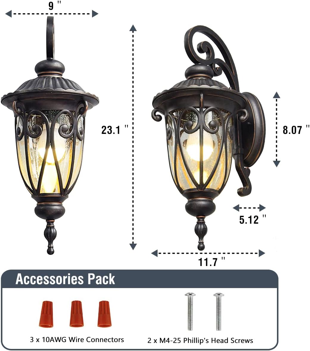 23" Large Outdoor Wall Light for Porch, 2 Pack Aluminium Exterior Wall Mount Lantern for House, Vintage Bronze Outside Wall Sconce with Clear Seeded Glass Shade for Garage
