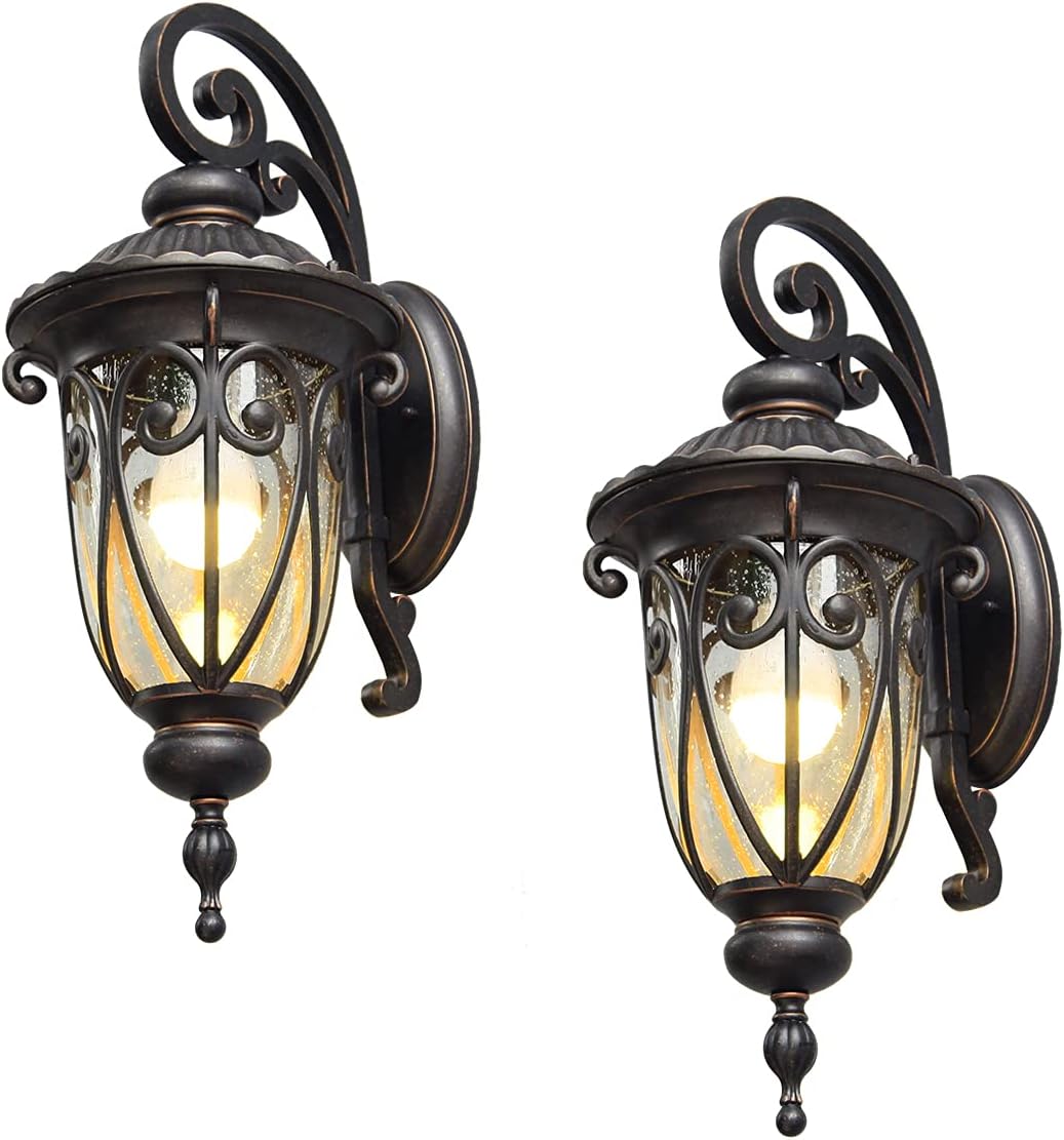 23" Large Outdoor Wall Light for Porch, 2 Pack Aluminium Exterior Wall Mount Lantern for House, Vintage Bronze Outside Wall Sconce with Clear Seeded Glass Shade for Garage