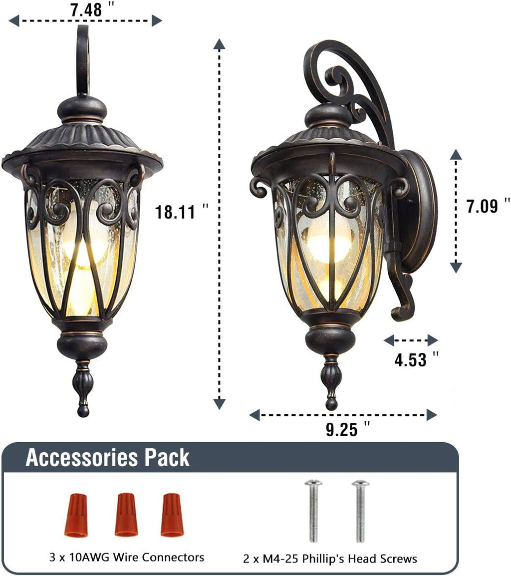 23" Large Outdoor Wall Light for Porch, 2 Pack Aluminium Exterior Wall Mount Lantern for House, Vintage Bronze Outside Wall Sconce with Clear Seeded Glass Shade for Garage