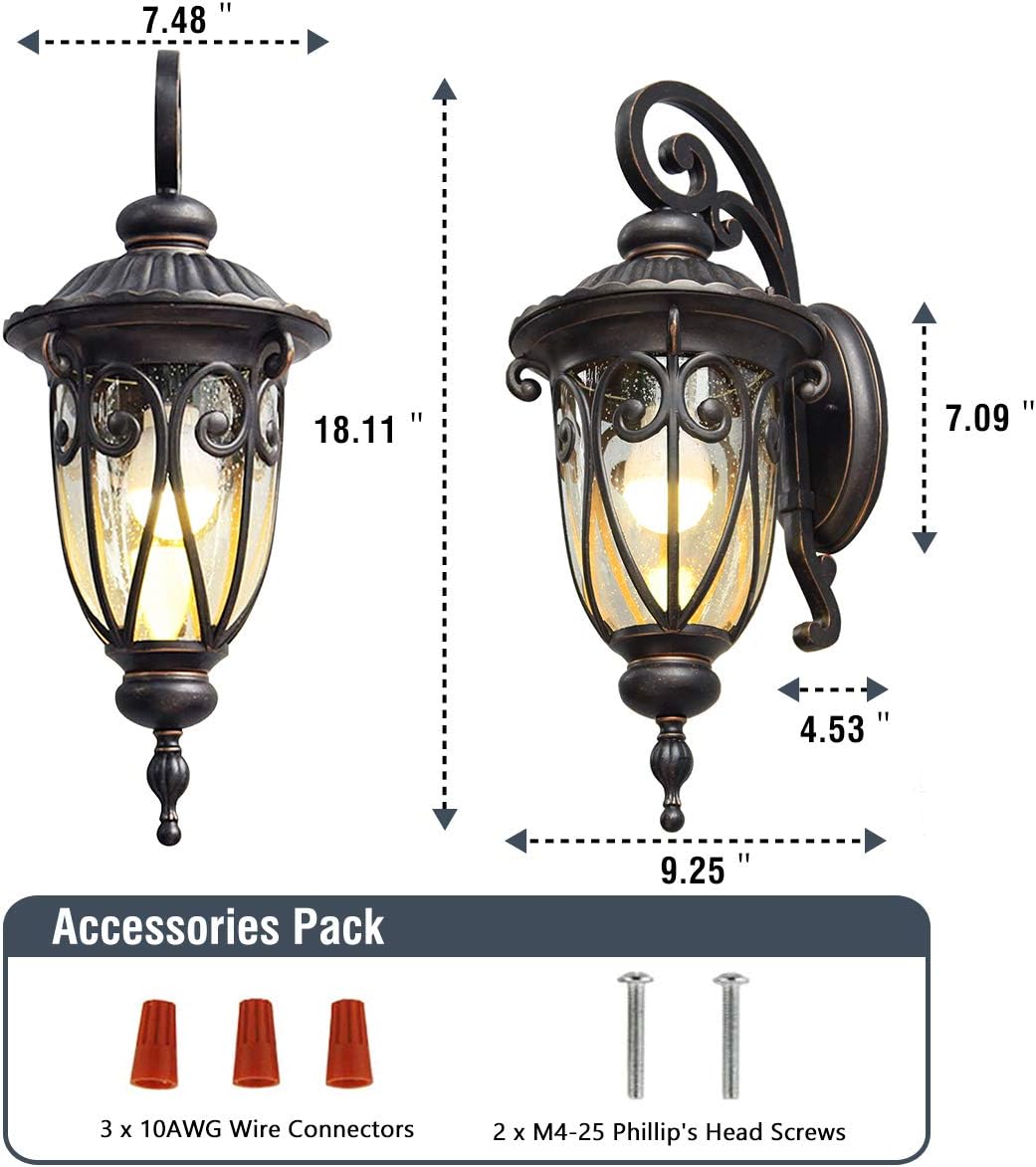 23" Large Outdoor Wall Light for Porch, 2 Pack Aluminium Exterior Wall Mount Lantern for House, Vintage Bronze Outside Wall Sconce with Clear Seeded Glass Shade for Garage