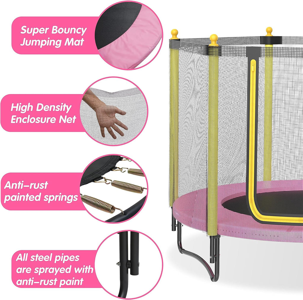 60" Kids Trampoline with Safety Enclosure Net, 5FT Toddler Indoor & Outdoor Trampoline/w Basketball Hoop