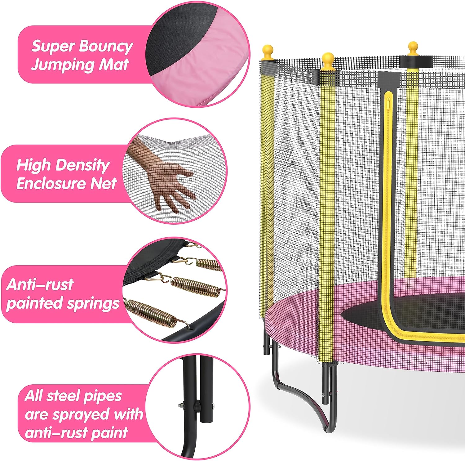 60" Kids Trampoline with Safety Enclosure Net, 5FT Toddler Indoor & Outdoor Trampoline/w Basketball Hoop