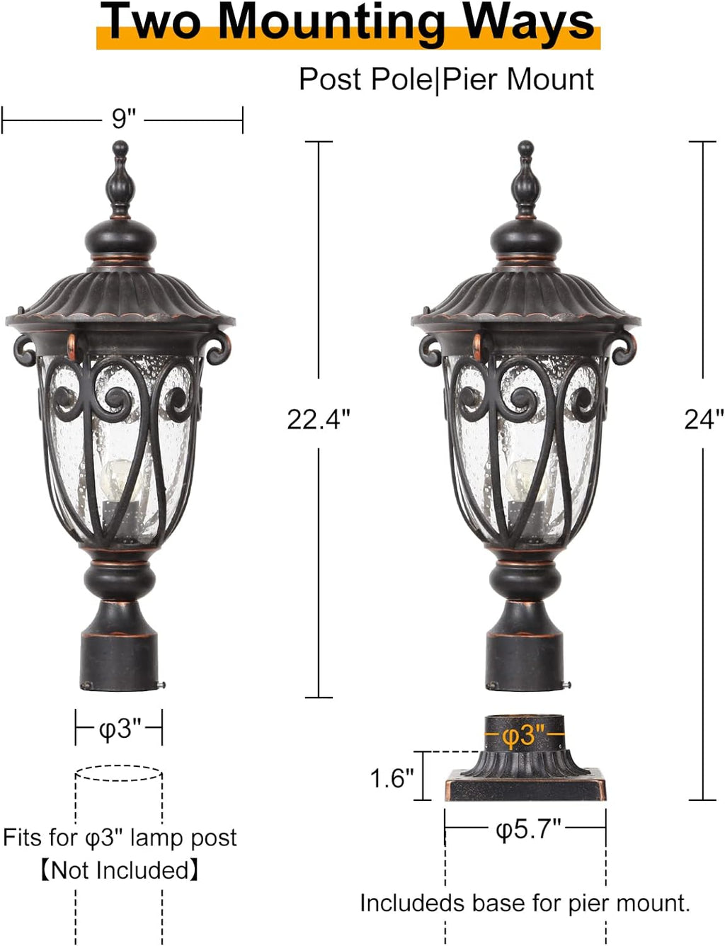 23" Large Outdoor Wall Light for Porch, 2 Pack Aluminium Exterior Wall Mount Lantern for House, Vintage Bronze Outside Wall Sconce with Clear Seeded Glass Shade for Garage