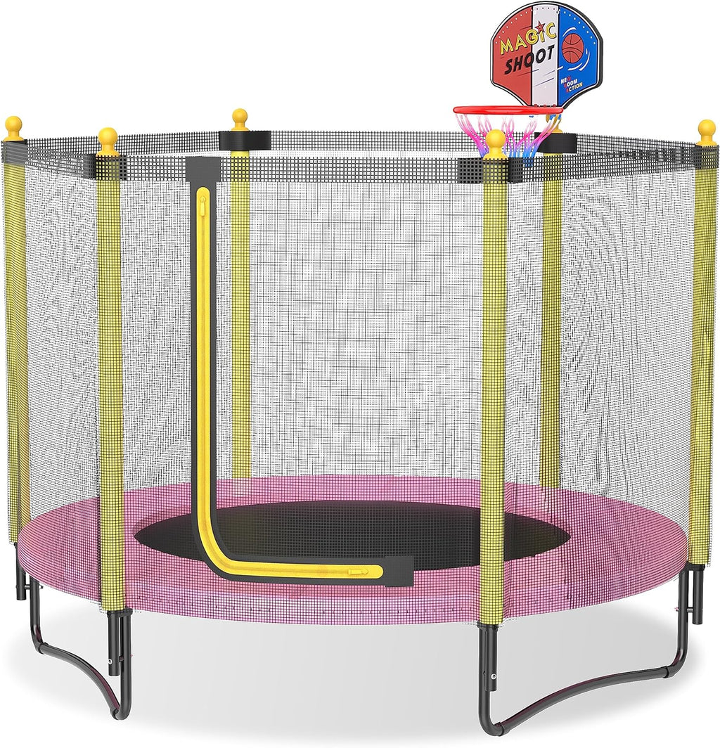 60" Kids Trampoline with Safety Enclosure Net, 5FT Toddler Indoor & Outdoor Trampoline/w Basketball Hoop