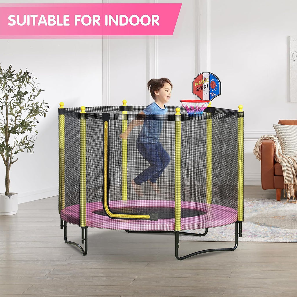 60" Kids Trampoline with Safety Enclosure Net, 5FT Toddler Indoor & Outdoor Trampoline/w Basketball Hoop