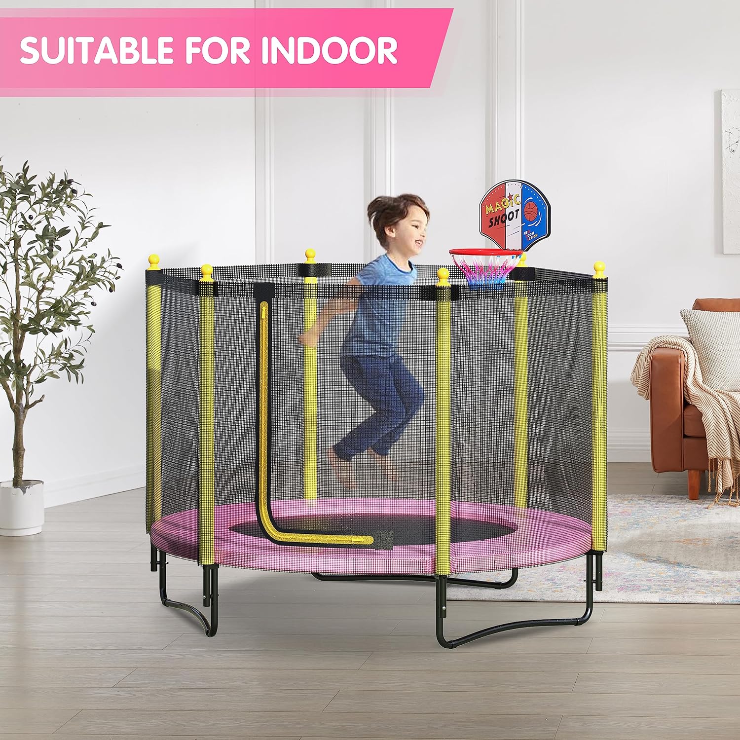 60" Kids Trampoline with Safety Enclosure Net, 5FT Toddler Indoor & Outdoor Trampoline/w Basketball Hoop