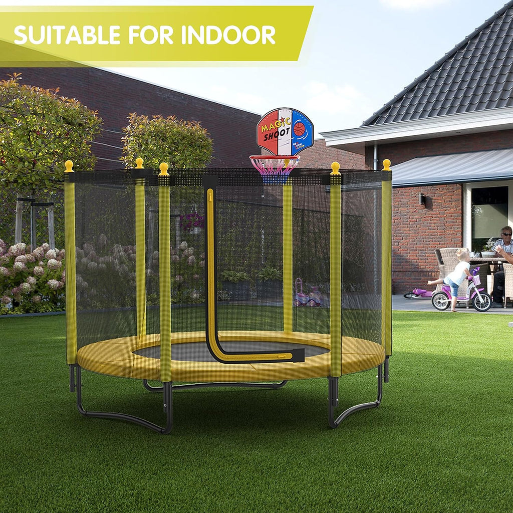 60" Kids Trampoline with Safety Enclosure Net, 5FT Toddler Indoor & Outdoor Trampoline/w Basketball Hoop