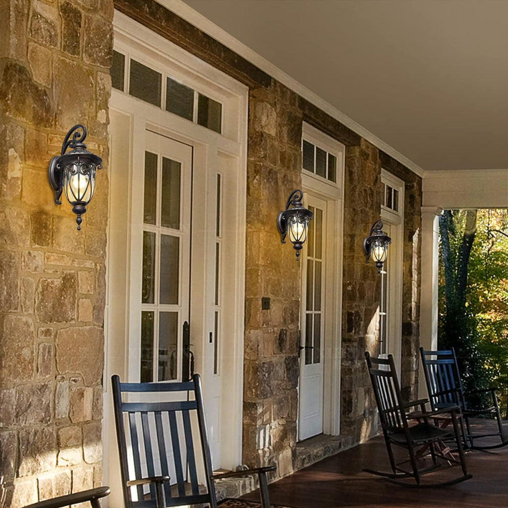 23" Large Outdoor Wall Light for Porch, 2 Pack Aluminium Exterior Wall Mount Lantern for House, Vintage Bronze Outside Wall Sconce with Clear Seeded Glass Shade for Garage