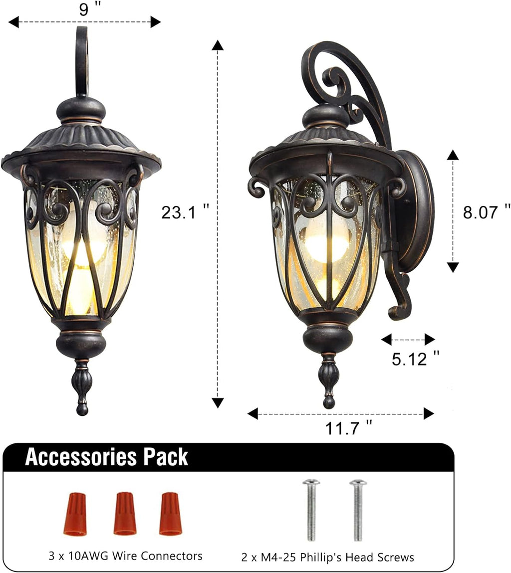 23" Large Outdoor Wall Light for Porch, 2 Pack Aluminium Exterior Wall Mount Lantern for House, Vintage Bronze Outside Wall Sconce with Clear Seeded Glass Shade for Garage
