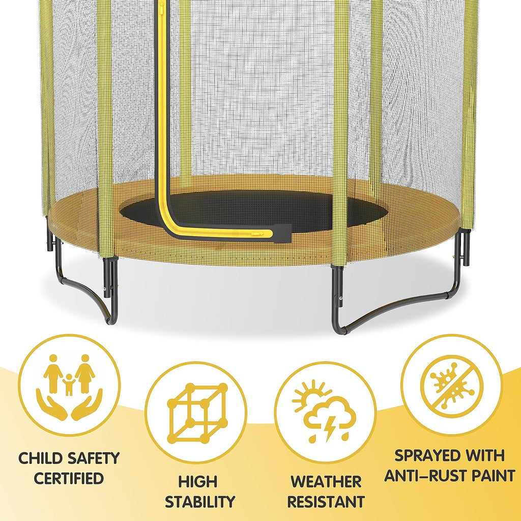 60" Kids Trampoline with Safety Enclosure Net, 5FT Toddler Indoor & Outdoor Trampoline/w Basketball Hoop