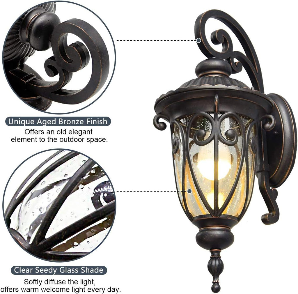 23" Large Outdoor Wall Light for Porch, 2 Pack Aluminium Exterior Wall Mount Lantern for House, Vintage Bronze Outside Wall Sconce with Clear Seeded Glass Shade for Garage