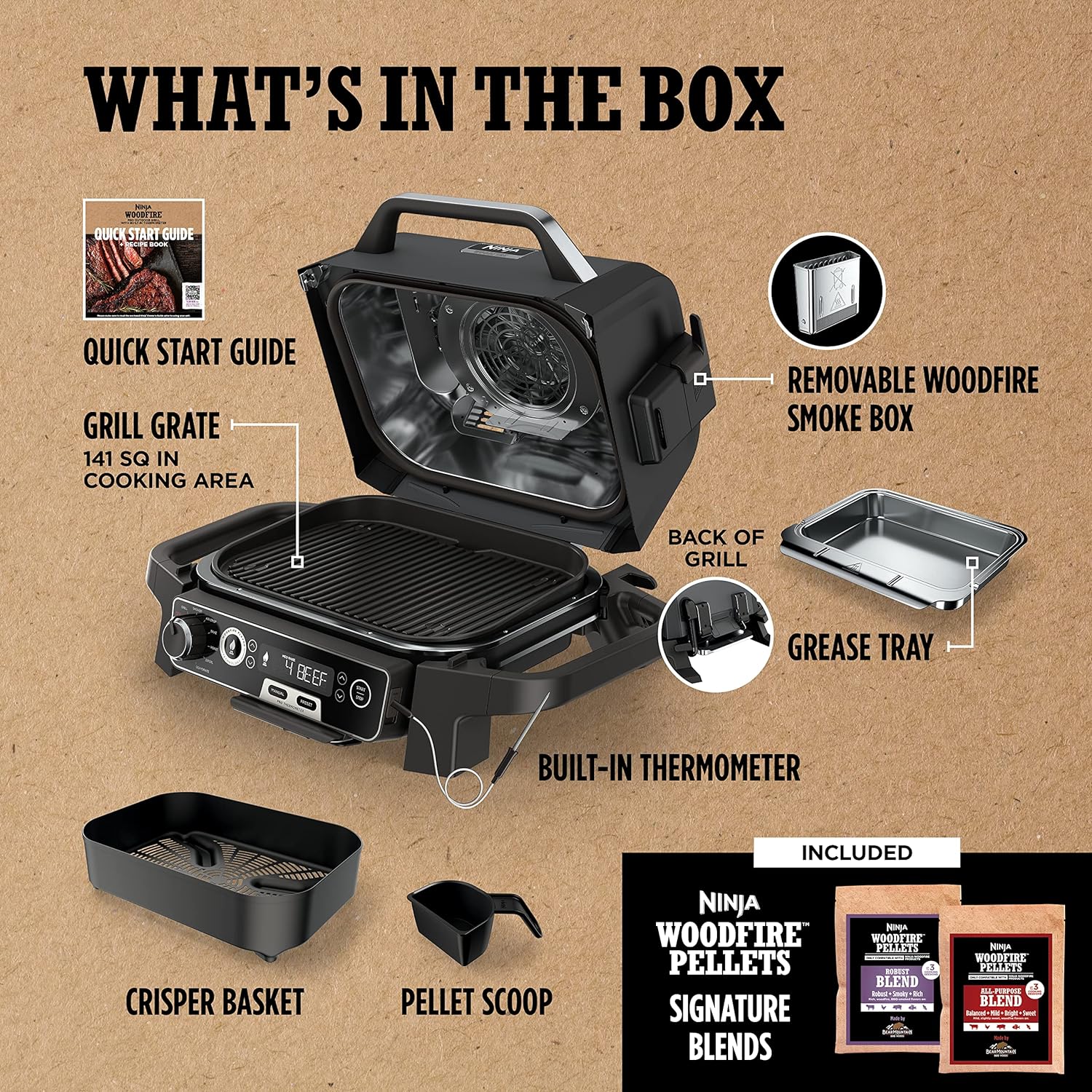 7-in-1 Grill & Smoker with Thermometer, Air Fryer, BBQ, Bake, Roast, Broil