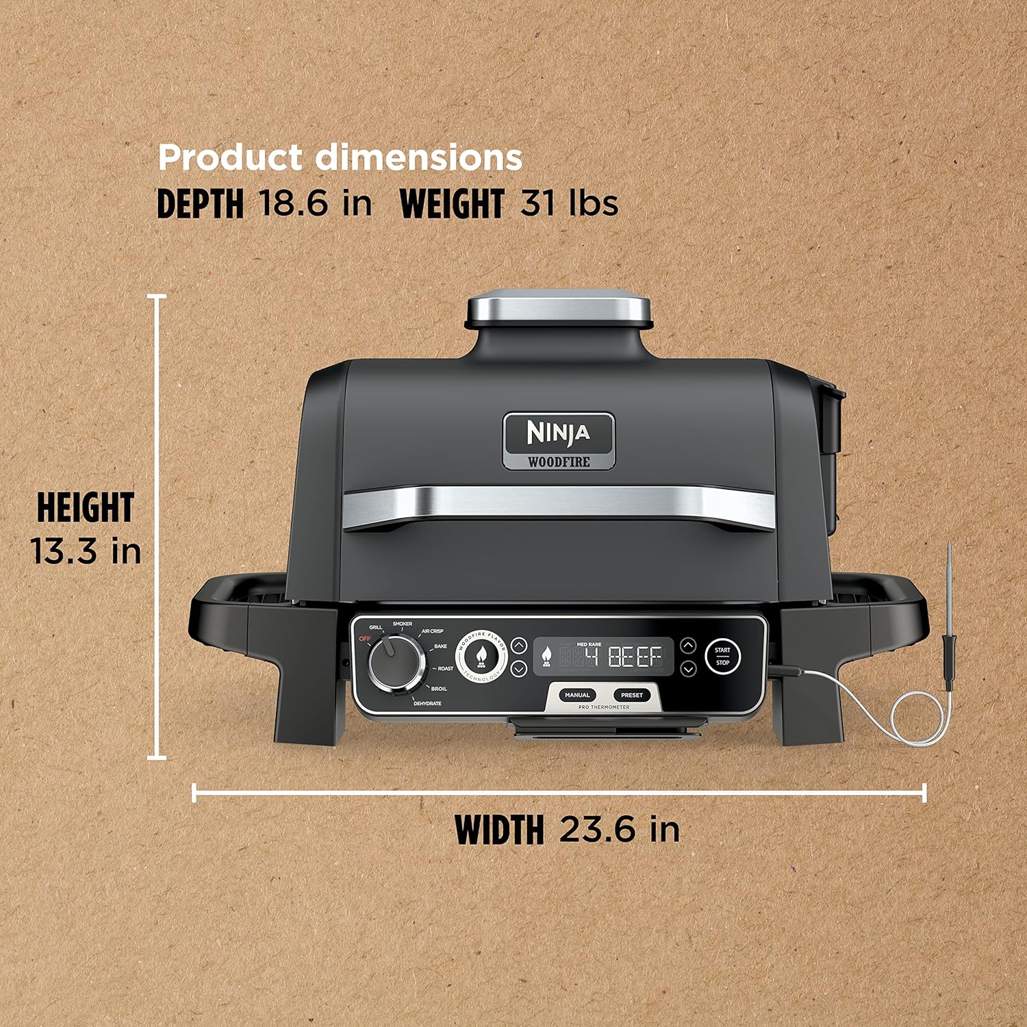 7-in-1 Grill & Smoker with Thermometer, Air Fryer, BBQ, Bake, Roast, Broil
