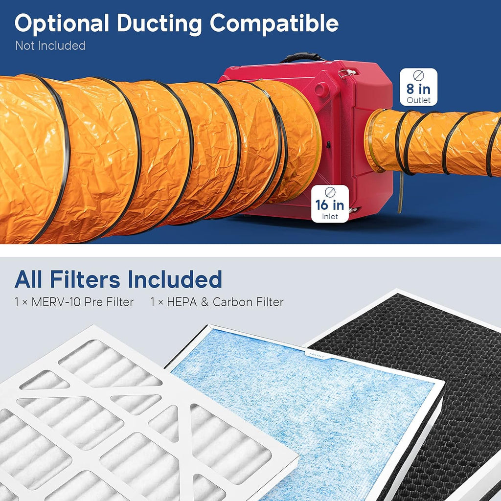 Air Scrubber with 3 Stage Filtration, Stackable Negative Air Machine for Industrial and Commercial Use, Heavy Duty Air Cleaner with MERV-10 Filter, HEPA/Activated carbon Filter, Red