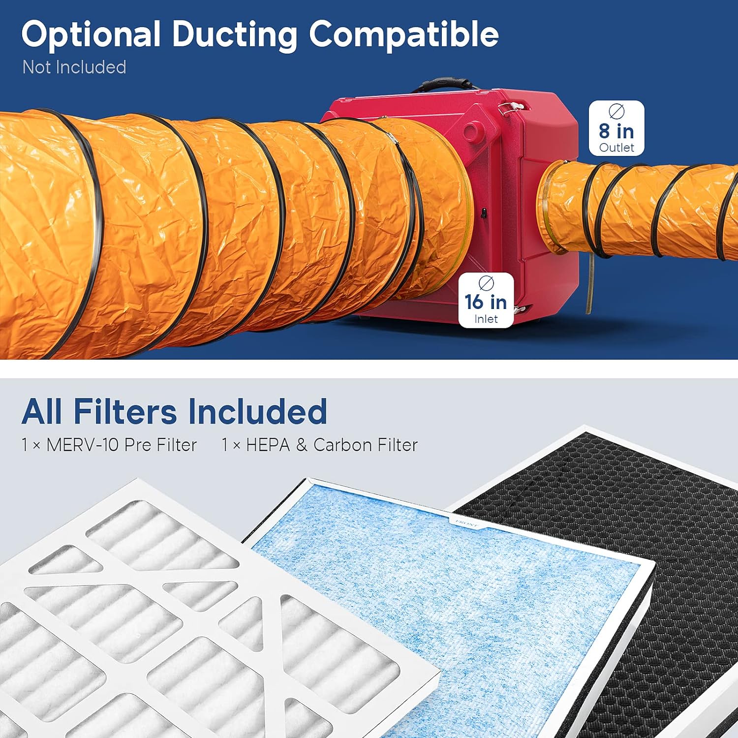 Air Scrubber with 3 Stage Filtration, Stackable Negative Air Machine for Industrial and Commercial Use, Heavy Duty Air Cleaner with MERV-10 Filter, HEPA/Activated carbon Filter, Red
