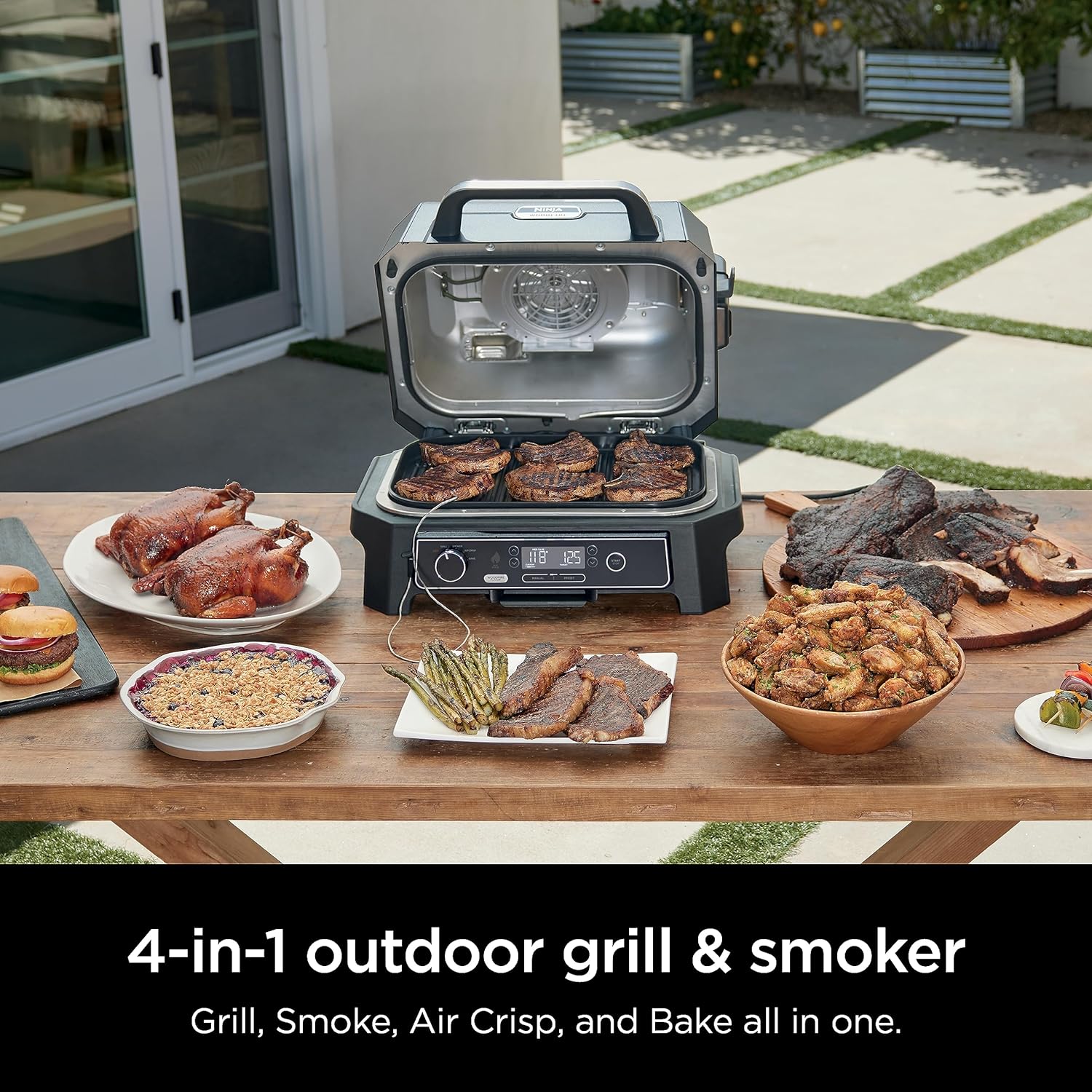 7-in-1 Grill & Smoker with Thermometer, Air Fryer, BBQ, Bake, Roast, Broil