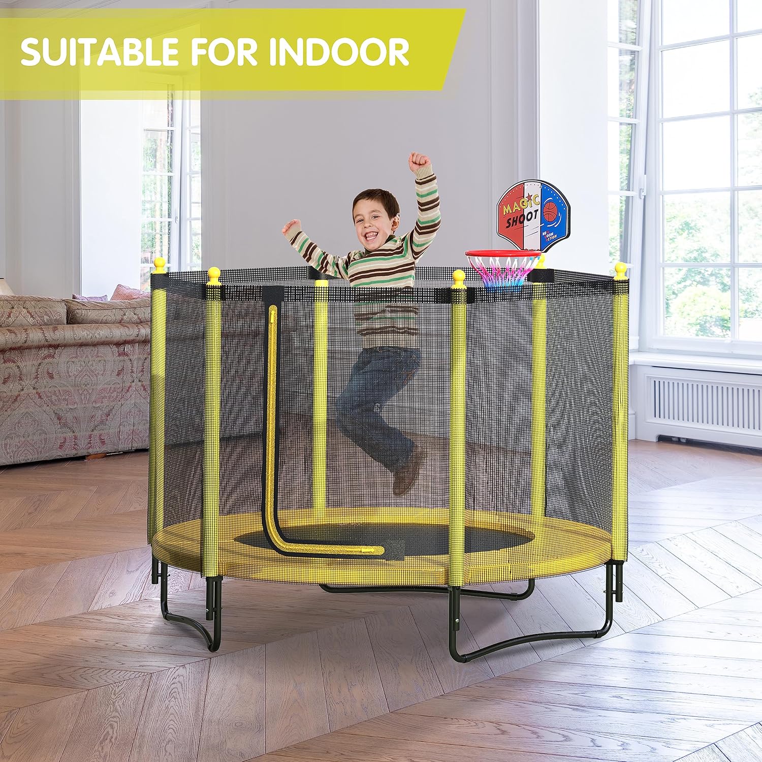 60" Kids Trampoline with Safety Enclosure Net, 5FT Toddler Indoor & Outdoor Trampoline/w Basketball Hoop