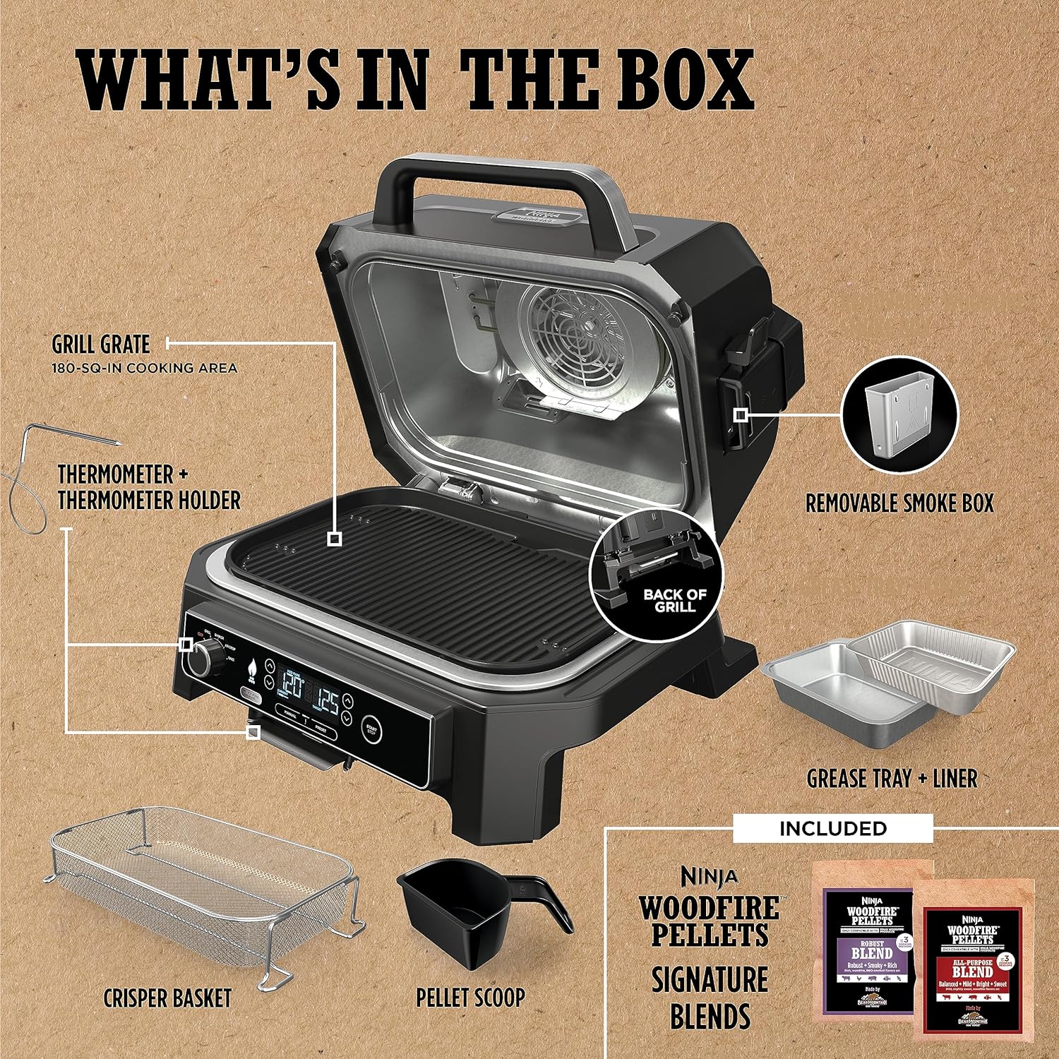 7-in-1 Grill & Smoker with Thermometer, Air Fryer, BBQ, Bake, Roast, Broil