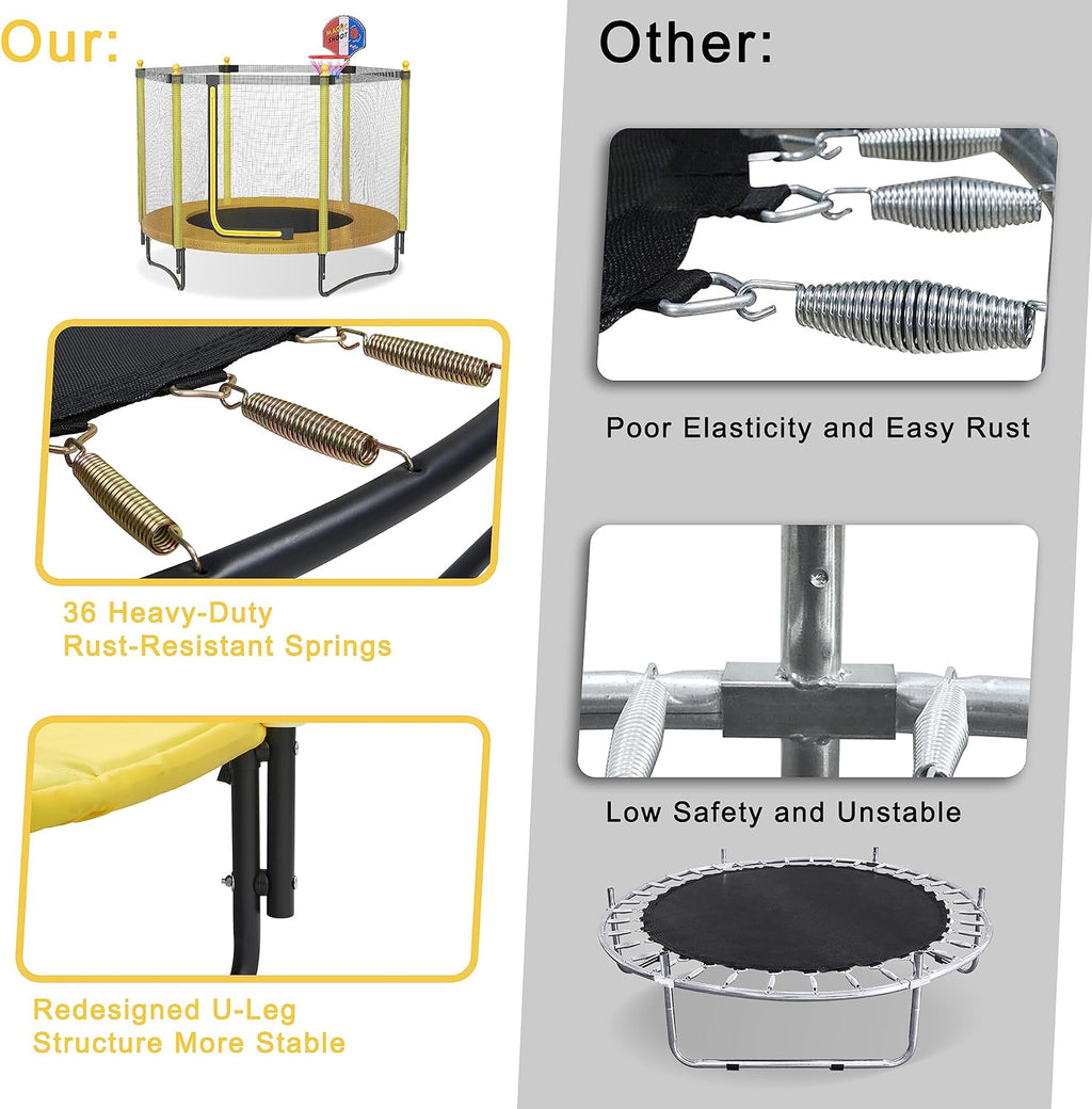 60" Kids Trampoline with Safety Enclosure Net, 5FT Toddler Indoor & Outdoor Trampoline/w Basketball Hoop