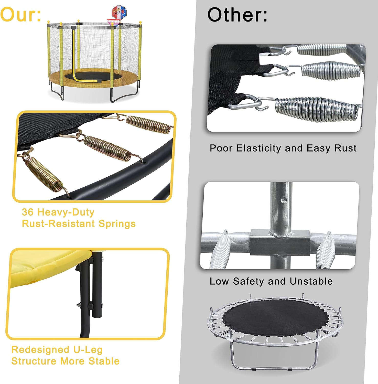 60" Kids Trampoline with Safety Enclosure Net, 5FT Toddler Indoor & Outdoor Trampoline/w Basketball Hoop