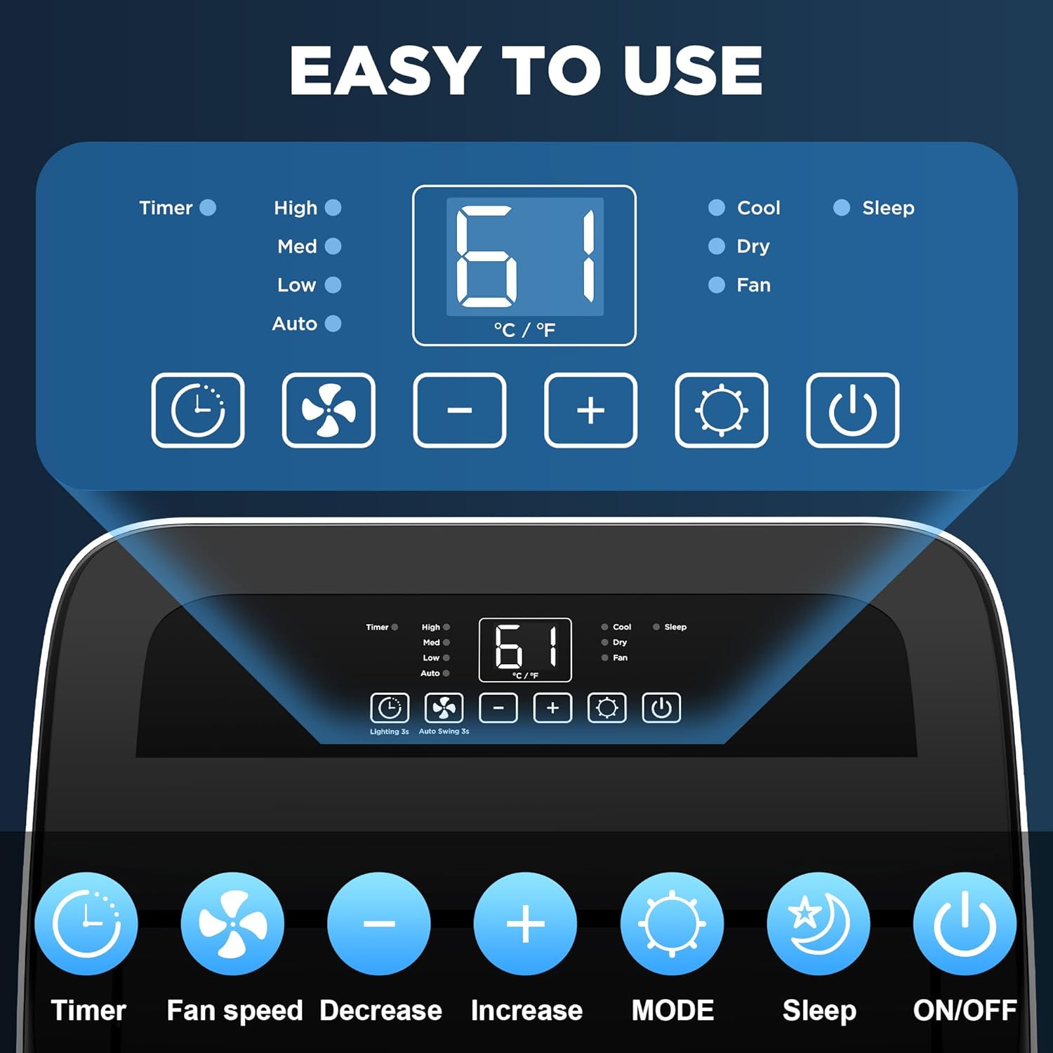 Portable Air Conditioners with Remote Control, 3-in-1 Free Standing Cooling AC Unit with Fan & Dehumidifier, Cools Room up to 700 sq.ft, Smart/Sleep Mode,3 Speed,Auto Swing,24H Timer
