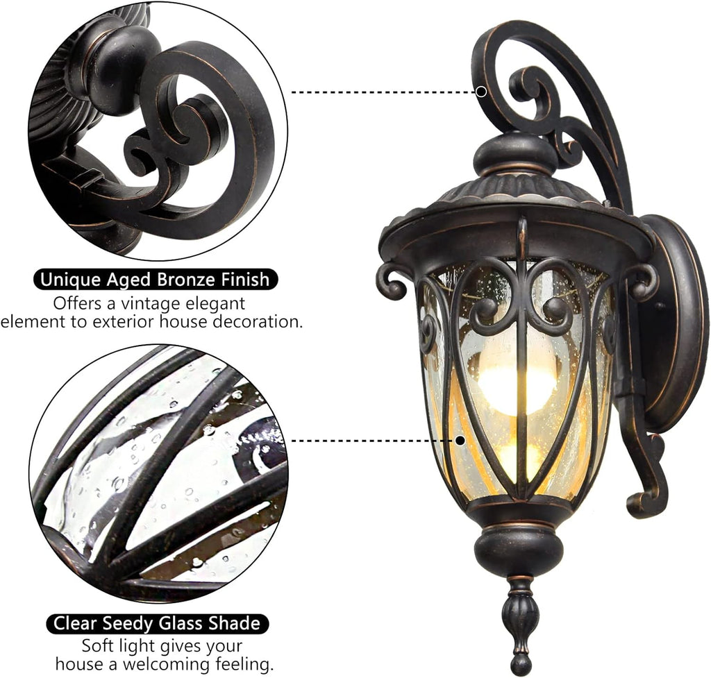 23" Large Outdoor Wall Light for Porch, 2 Pack Aluminium Exterior Wall Mount Lantern for House, Vintage Bronze Outside Wall Sconce with Clear Seeded Glass Shade for Garage